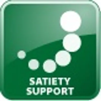 SATIETY SUPPORT – το κείμενο εμφανίζεται σε πράσινο φόντο με λευκούς κύκλους. Το κείμενο είναι στα αγγλικά.