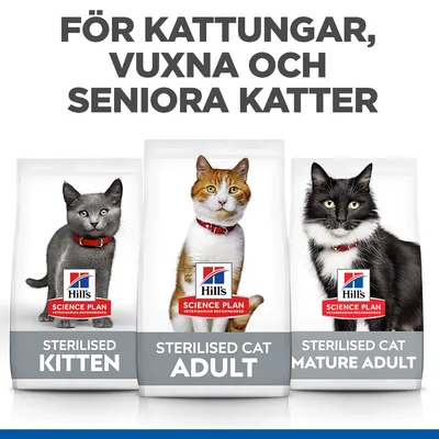Hill's Science Plan torrfoder för steriliserade katter: Kitten, Adult och Mature Adult. Text ovan: För kattungar, vuxna och seniora katter.
