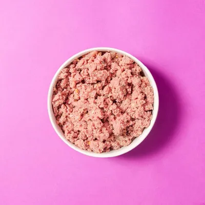 Bowl filled with minced, raw pet food on a pink background.