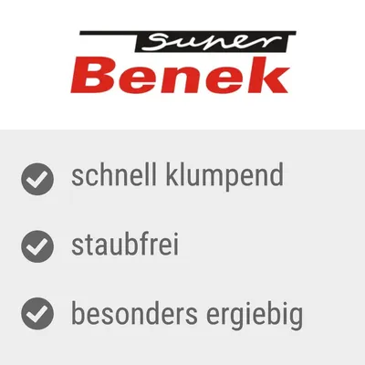 Super Benek. Eigenschaften: schnell klumpend, staubfrei, besonders ergiebig.