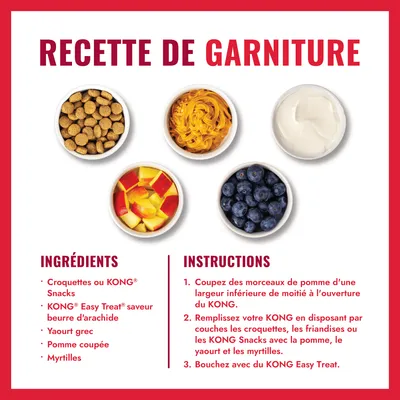 Recette pour garniture KONG : liste des ingrédients avec croquettes, KONG Easy Treat au beurre de cacahuète, yaourt grec, morceaux de pomme et myrtilles, ainsi qu'instructions de préparation en français.
