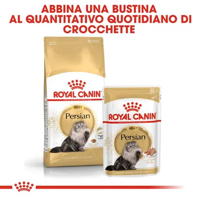 Confezione e bustina Royal Canin Persian Adult per gatti, 85 g. Testo visibile: Abbina una bustina al quantitativo quotidiano di crocchette.
