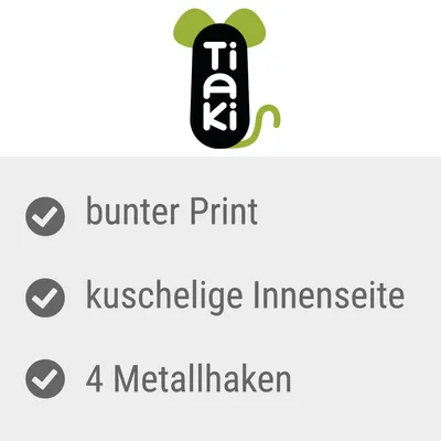 Tiaki. Bunter Print, kuschelige Innenseite, 4 Metallhaken.