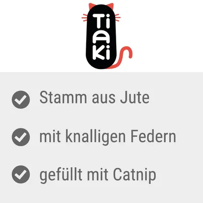 Tiaki. Stamm aus Jute, mit knalligen Federn, gefüllt mit Catnip.