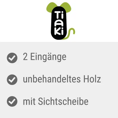 Tiaki. 2 Eingänge, unbehandeltes Holz, mit Sichtscheibe. Text în limba germană.