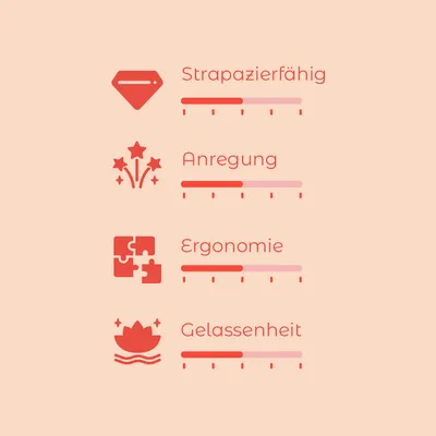 Bewertungsskala mit vier Kriterien: Strapazierfähigkeit, Anregung, Ergonomie und Gelassenheit. Skala von 1-5 für jedes Kriterium sichtbar.