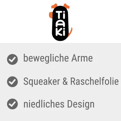 Tiaki. Bewegliche Arme, Squeaker & Raschelfolie, niedliches Design.