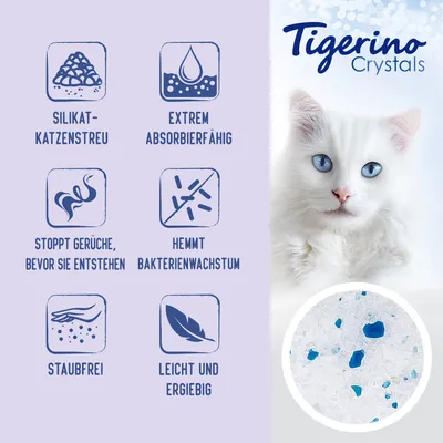 Tigerino Crystals, texte en allemand : litière silicate, extrêmement absorbante, stoppe les odeurs, freine la croissance bactérienne, sans poussière, légère et économique. Photo de cristaux.