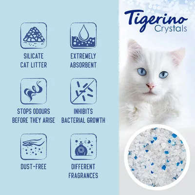 Tigerino Crystals silicat kattenbakvulling, extreem absorberend, voorkomt geurtjes, remt bacteriegroei, stofvrij, verschillende geuren. Afbeelding van witte korrels met blauwe stukjes.