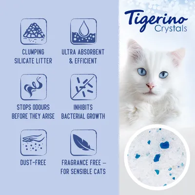 Tigerino Crystals. Clumping silicat kattenbakvulling, ultra absorberend, efficiënt, stopt geurtjes, remt bacteriegroei, stofvrij, geurloos – voor gevoelige katten. Tekst in het Engels.