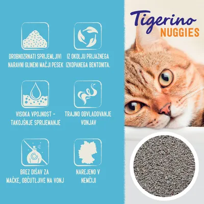 Tigerino Nuggies. Drobnozrnat naravni glineni mačji pesek, iz okolju prijaznega bentonita, visoka vpojnost, trajno obvladovanje vonjav, brez dišav, narejeno v Nemčiji.