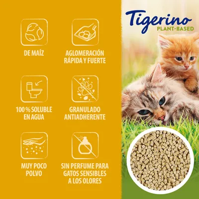 Tigerino Plant-Based. De maíz, aglomeración rápida y fuerte, 100 % soluble en agua, granulado antiadherente, muy poco polvo, sin perfume para gatos sensibles a los olores.
