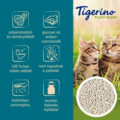 Tigerino Plant-Based macskaalom: szójárstokból és keményítőből, gyorsan csomósodik, 100%-ban vízben oldódó, nem tapad, pormentes, enyhén édeskés tejillattal.