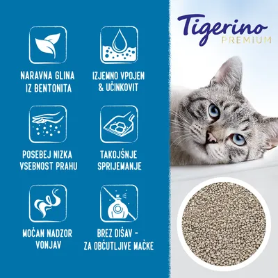 Tigerino Premium. Naravna glina iz bentonita, izjemno vpojen in učinkovit, posebej nizka vsebnost prahu, takojšnje sprijemanje, močan nadzor vonjav, brez dišav – za občutljive mačke.