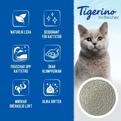 Tigerino Refresher. Naturlig lera, deodorant för kattströ, fräschar upp kattströ, ökar klumpverkan, minskar obehaglig lukt, olika dofter. Bild på grå katt och strö.