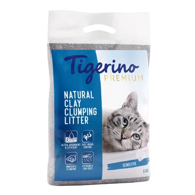 Tigerino Premium Natural Clay Clumping Litter, Sensitive, 6 kg. Ultra absorbent & efficient, fast odour control, immediate clumping, extremely low-dust. Slika mačke na pakiranju.