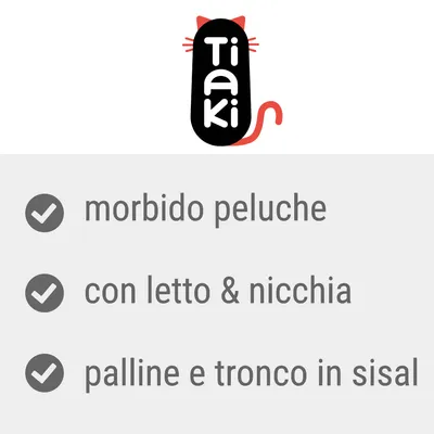 Tiaki, morbido peluche, con letto & nicchia, palline e colonna in sisal.