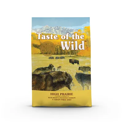 Zak Taste of the Wild High Prairie hondenvoer, zichtbare tekst: 'High Prairie Canine Formula with Bison & Roasted Venison A Grain-Free Diet'.