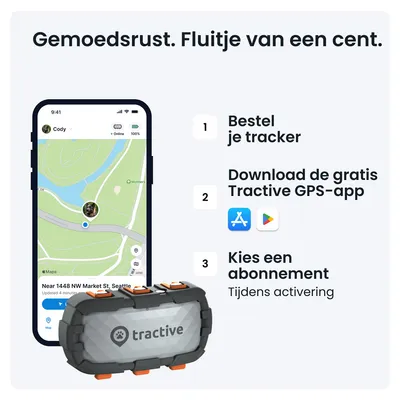 Stappenplan: 1. Bestel je tracker, 2. Download de gratis Tractive GPS-app, 3. Kies een abonnement. Afbeelding van Tractive GPS-tracker en smartphone met kaartweergave.