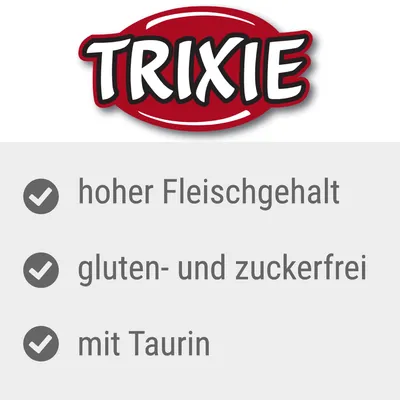 TRIXIE. hoher Fleischgehalt, gluten- und zuckerfrei, mit Taurin. Tekst på tysk om produktets egenskaber.