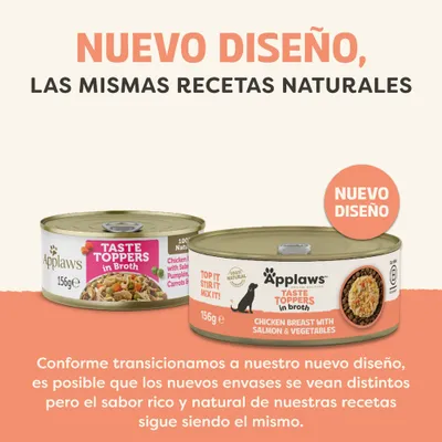 Applaws Taste Toppers en caldo, nuevo diseño de envase, mismas recetas naturales. Aviso: Las nuevas latas tienen un aspecto diferente, el sabor permanece igual. Applaws Taste Toppers en caldo, nuevo diseño de envase, mismas recetas naturales. Aviso: Las nuevas latas tienen un aspecto diferente, el sabor permanece igual.