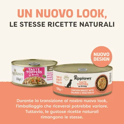 Applaws Taste Toppers in Broth, nuovo design della confezione. Petto di pollo con salmone e verdure, 156 g. Le ricette naturali rimangono invariate. Applaws Taste Toppers in Broth, nuovo design della confezione. Petto di pollo con salmone e verdure, 156 g. Le ricette naturali rimangono invariate.
