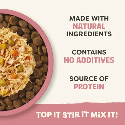 Tillverkad med naturliga ingredienser, innehåller inga tillsatser, proteinkälla. Text: Toppa, rör om, blanda! Tillverkad med naturliga ingredienser, innehåller inga tillsatser, proteinkälla. Text: Toppa, rör om, blanda!