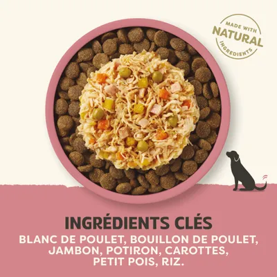 Ingrédients principaux : blanc de poulet, bouillon de poulet, jambon, potiron, carottes, pois, riz. Élaboré avec des ingrédients naturels. Ingrédients principaux : blanc de poulet, bouillon de poulet, jambon, potiron, carottes, pois, riz. Élaboré avec des ingrédients naturels.
