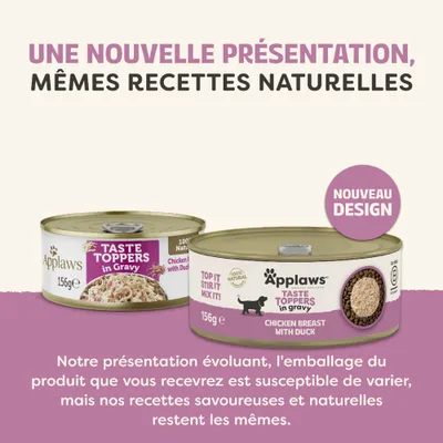 Applaws Taste Toppers en sauce, filet de poulet avec canard, nouveau design. L'emballage peut varier, les recettes restent bien entendu inchangées. Applaws Taste Toppers en sauce, filet de poulet avec canard, nouveau design. L'emballage peut varier, les recettes restent bien entendu inchangées.