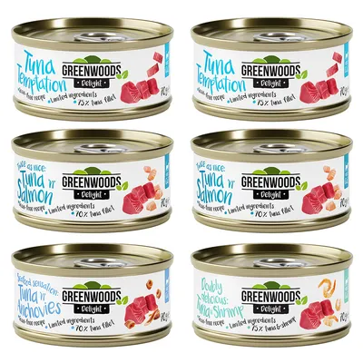 Greenwoods Delight Nassfutter für Katzen, Sorten: Tuna Temptation, Tuna 'n' Salmon, Tuna 'n' Anchovies, Tuna 'n' Shrimp. Getreidefreie Rezeptur, limitierte Zutaten.