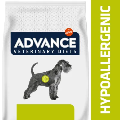 Opakowanie karmy dla psów Advance Veterinary Diets affinity, widoczny napis HYPOALLERGENIC oraz grafika psa z zielonym okręgiem na tułowiu.