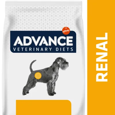 Advance Veterinary Diets affinity RENAL, opakowanie z wizerunkiem psa i żółtym symbolem na tułowiu. Widoczna nazwa produktu oraz oznaczenie RENAL.