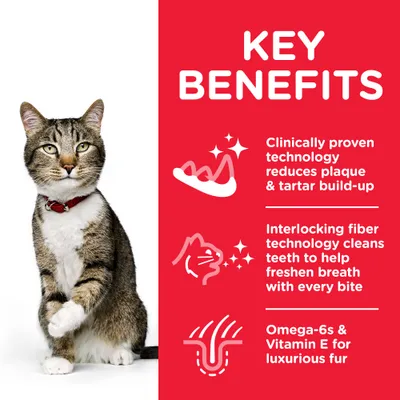 KEY BENEFITS: Clinically proven technology reduces plaque & tartar build-up. Interlocking fiber technology cleans teeth to help freshen breath with every bite. Omega-6s & Vitamin E for luxurious fur.