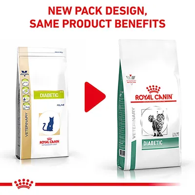 Image showing new pack design for diabetic veterinary food with the same product benefits, featuring old and new packaging side by side.