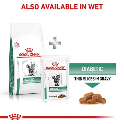 Dry and wet diabetic veterinary food shown, with text indicating 'Also available in wet', 'Diabetic', and 'Thin slices in gravy'.