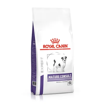 Bag labelled Royal Canin Expert Mature Consult Small Dogs S, showing a small dog illustration on the front.