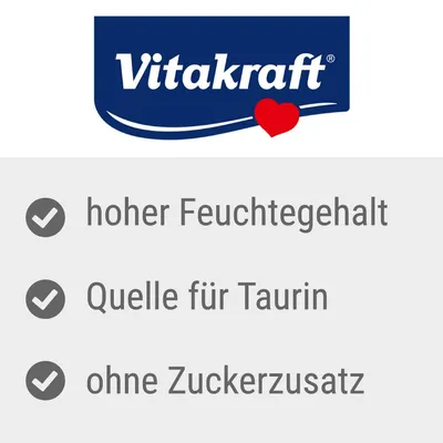 Vitakraft. Conținut ridicat de umiditate, sursă de taurină, fără adaos de zahăr.