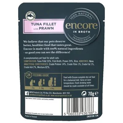 Опаковка Encore Tuna Fillet with Prawn in Broth 70 г. Състав: рибно филе 55 %, бульон, скарида 20 %, ориз. Анализ: протеин 14 %, фибри 1 %, мазнини 1 %, пепел 2 %, влага 82 %.