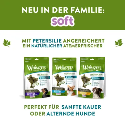 Whimzees Wellness Daily Dental Treats, angereichert mit Petersilie als natürlicher Atemerfrischer. Perfekt für sanfte Kauer oder alternde Hunde. Grössen XS, S und M verfügbar.