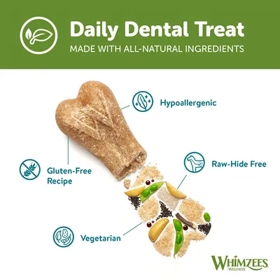 Whimzees Daily Dental Treat, hypoallergen, glutenfrei, vegetarisch, ohne Rohhaut, hergestellt aus natürlichen Zutaten.