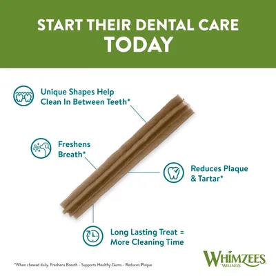 Dental treat benefits: unique shapes help clean in between teeth, freshens breath, reduces plaque and tartar, long lasting for more cleaning time. Whimzees Wellness.