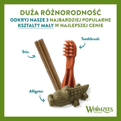 Whimzees – duża różnorodność, 3 najpopularniejsze kształty mały: Stix, Toothbrush, Alligator. Odkryj w najlepszej cenie. Widoczne produkty i nazwy kształtów.