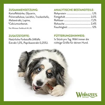 Zusammensetzung: Kartoffelstärke, Glycerin, Lecithin. Analytische Bestandteile: Rohprotein 1,1%, Fettgehalt 2%. Fütterungshinweis: 1x Stück pro Tag. Whimzees Wellness.