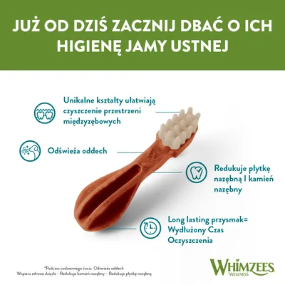 Whimzees Wellness. Unikalne kształty ułatwiają czyszczenie przestrzeni międzyzębowych, odświeża oddech, redukuje płytkę nazębną i kamień, wydłużony czas oczyszczenia.