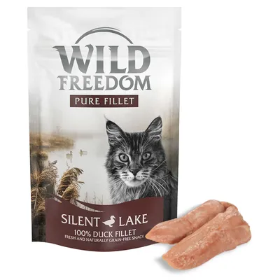 Wild Freedom Pure Fillet Silent Lake, 100% Entenfilet, frischer und natürlicher getreidefreier Snack. Verpackung mit Katzenmotiv und zwei Stücke Entenfilet sichtbar.