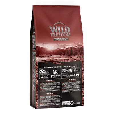 Wild Freedom Triple Taste torrfoder för katt, 40 % färskt kött & inälvor, spannmålsfri, hög proteinhalt, tillverkat i Tyskland. Förpackning med återvinningsbart material.
