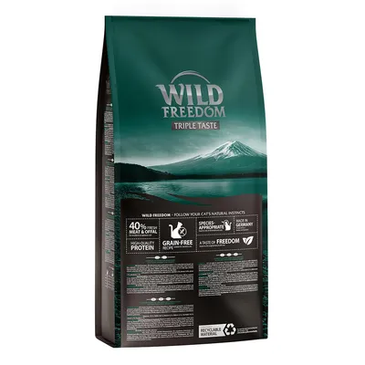 Wild Freedom Triple Taste hrană pentru pisici, 40% carne proaspătă și organe, fără cereale, potrivit speciei, produs în Germania, material reciclabil.