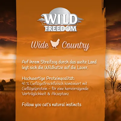Wild Freedom Wide Country. Visokokvalitetni proteini: 41% svježeg mesa peradi u kombinaciji s proteinom peradi za izvrsnu podnošljivost i prihvatljivost.