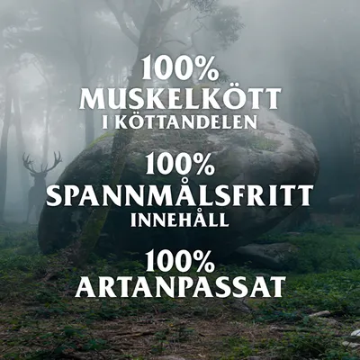 100% muskelkött i köttandelen, 100% spannmålsfritt innehåll, 100% artanpassat