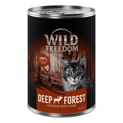 Wild Freedom Deep Forest, pollo con selvaggina, 400g. Ricetta 100% senza cereali. Immagine di una foresta e di un gatto sulla lattina.